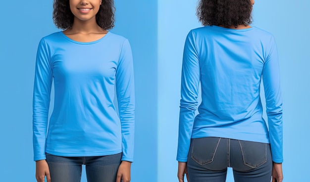 Donna che indossa una maglietta blu con maniche lunghe Vista anteriore e posteriore