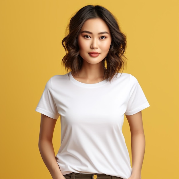 Donna che indossa una maglietta casual su sfondo bianco Collage con foto vista frontale e posteriore