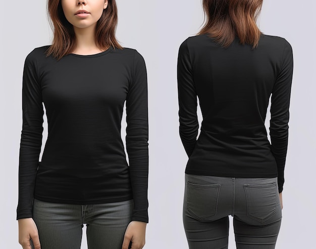 Donna che indossa una maglietta nera con maniche lunghe Vista anteriore e posteriore