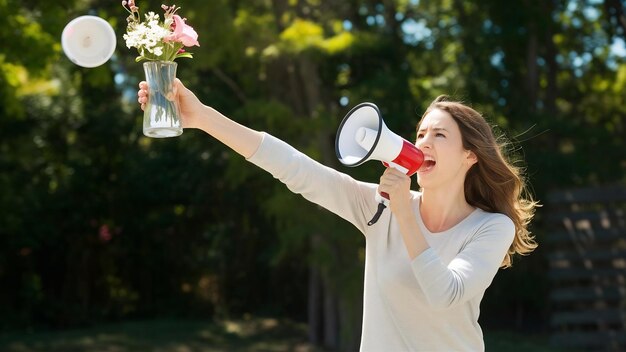 Donna che lancia un vaso di fiori e urla nel megafono