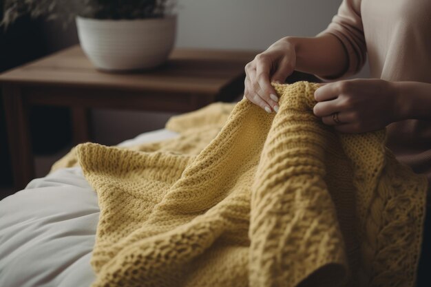 Donna che lavora a maglia una coperta accogliente per un neonato creata con l'IA generativa