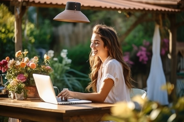 Donna che lavora con il suo computer all'aperto