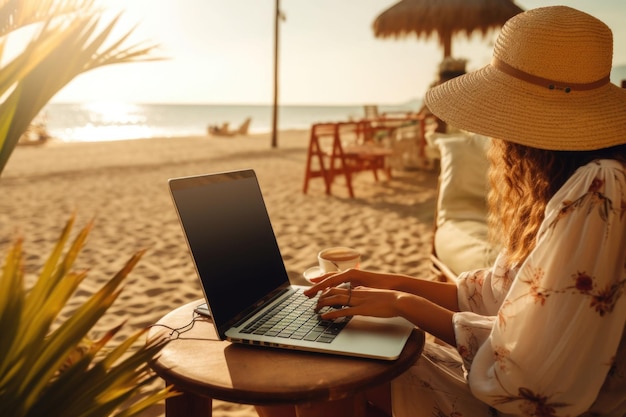 Donna che lavora con un computer portatile in spiaggia Lavorare durante il viaggio Illustrazione dell'IA generativa