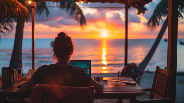 Donna che lavora in remoto sul suo portatile in un bar sulla spiaggia durante uno splendido tramonto