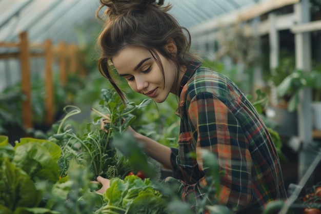 donna che lavora in serra vivaio di sementi agricoltura intelligente agricoltura biologica innovativa