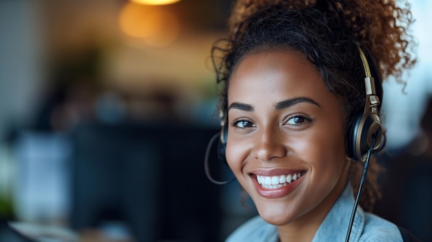 Donna che lavora in un call center con le cuffie, sorriso felice, hotline di supporto tecnico, donna d'affari, agente di call center che guarda la telecamera, posa nell'ufficio di assistenza clienti.