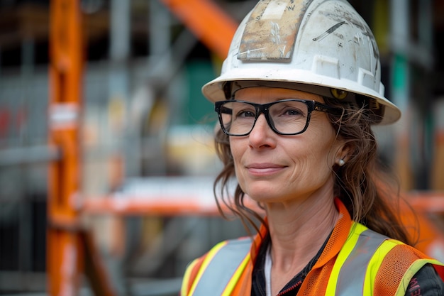 donna che lavora in un cantiere di costruzione costruzione hard hat e giubbotto di lavoro sorridendo di mezza età o