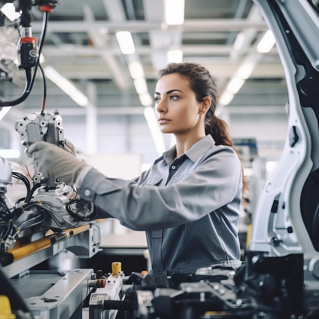 Donna che lavora in una fabbrica con macchinari di produzione pesanti Concetto di inclusione delle donne nel lavoro