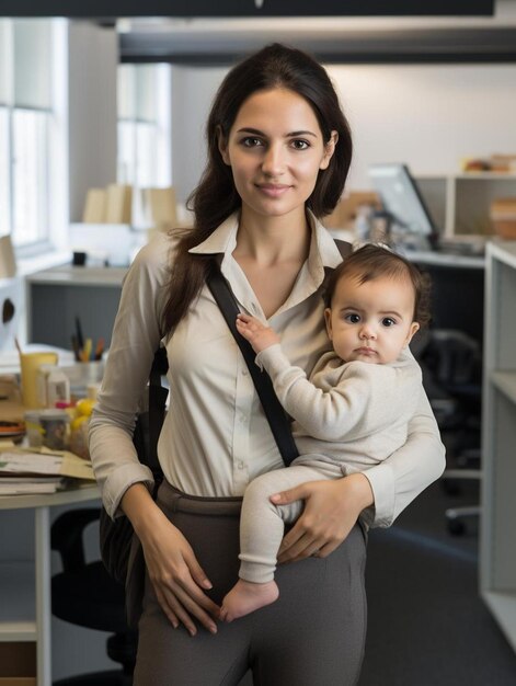 donna che lavora mentre tiene in braccio un bambino