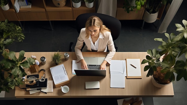 donna che lavora nella vista dall'alto dell'ufficio moderno