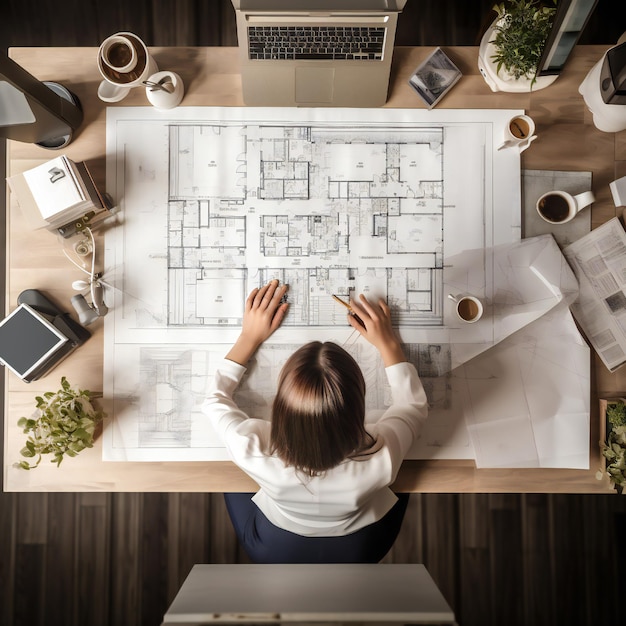 Donna che lavora su disegni archicad autocad si siede alla scrivania in lucido loft interno segno oggetto o