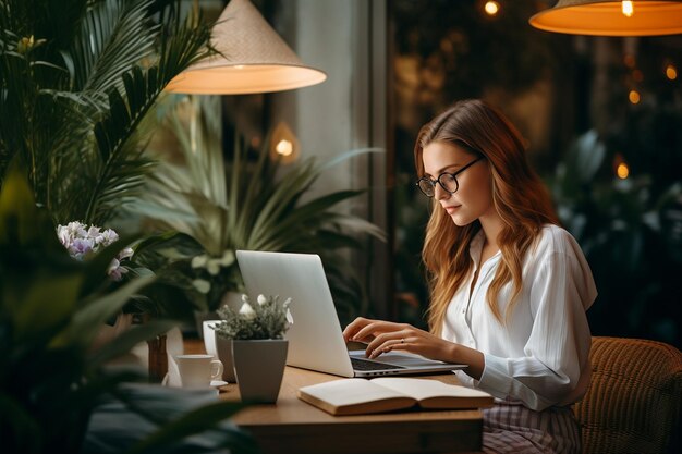 Donna che lavora sull'intelligenza artificiale generativa del laptop