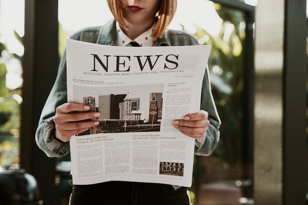 Donna che legge un giornale in un bar