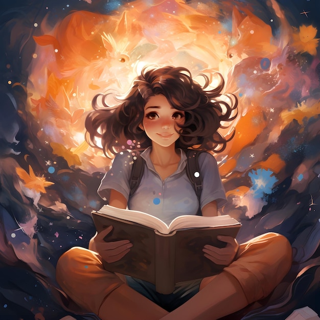 donna che legge un libro in stile manga