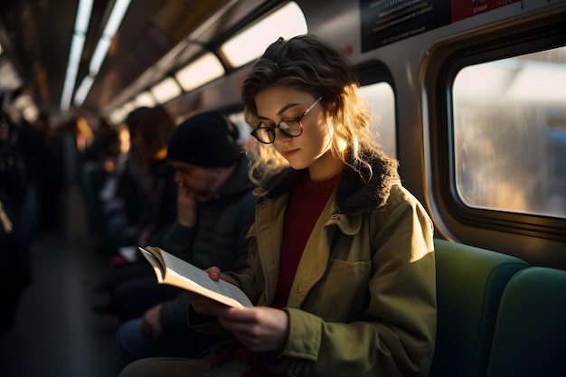 Donna che legge un libro su un treno