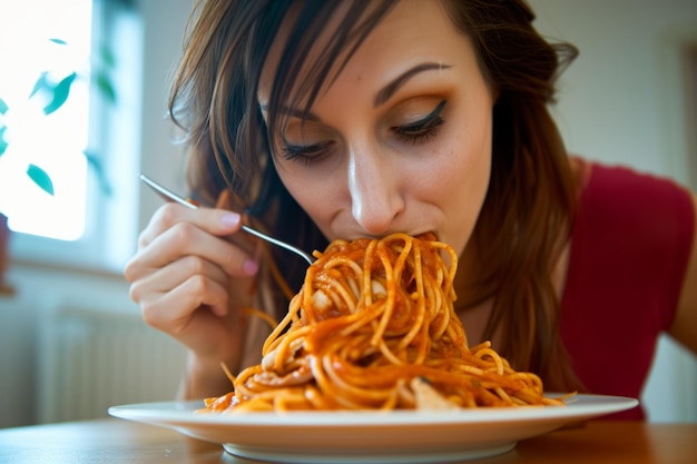 Donna che mangia attentamente un piatto di spaghetti in pila