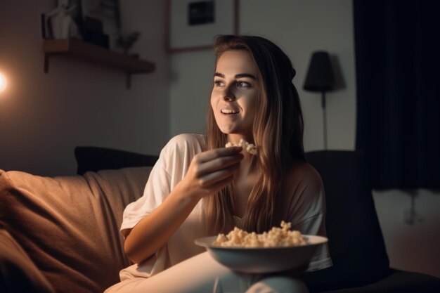 Donna che mangia cibo popcorn Film video Genera Ai