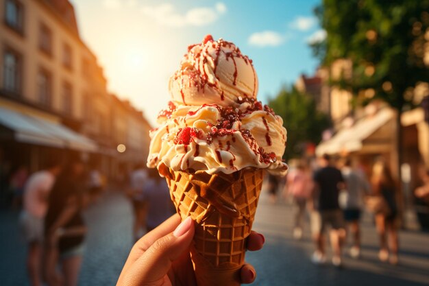 donna che mangia il gelato per strada