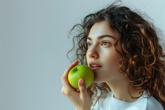 donna che mangia una mela verde isolata sullo sfondo bianco