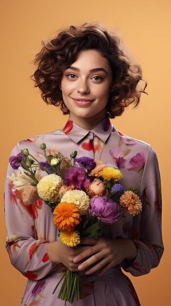 Donna che mantiene bouquet di fiori fiorista capelli ricci corti