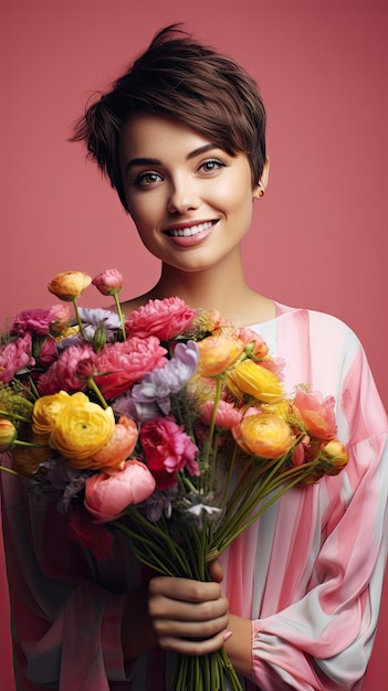 Donna che mantiene bouquet di fiori fiorista taglio di capelli pixie