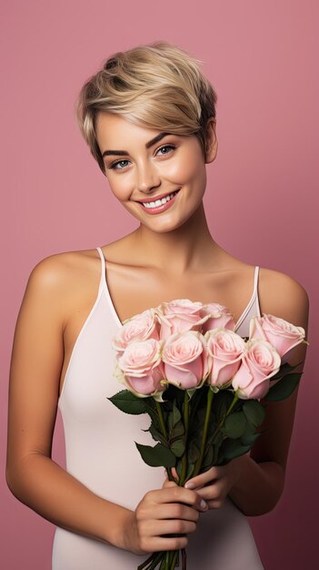 Donna che mantiene bouquet di fiori fiorista taglio di capelli pixie