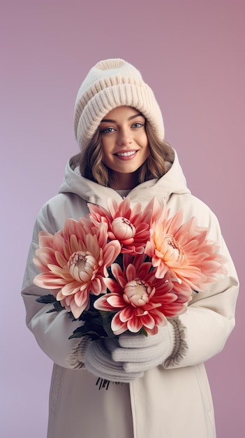 Donna che mantiene il fiorista bouquet di fiori in inverno