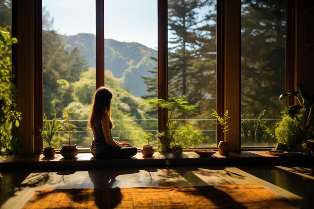 Donna che medita e pratica yoga a casa