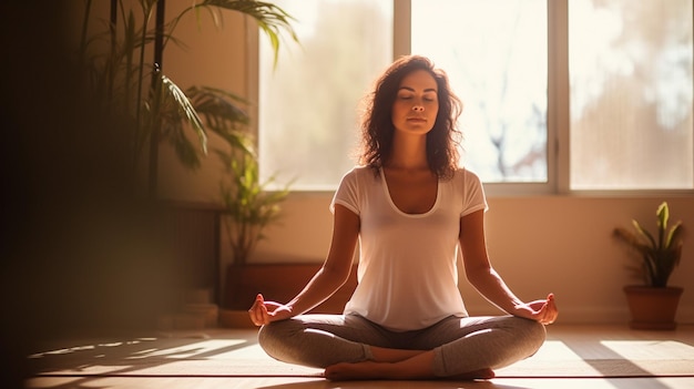 Donna che medita in posizione yoga a casa IA generativa