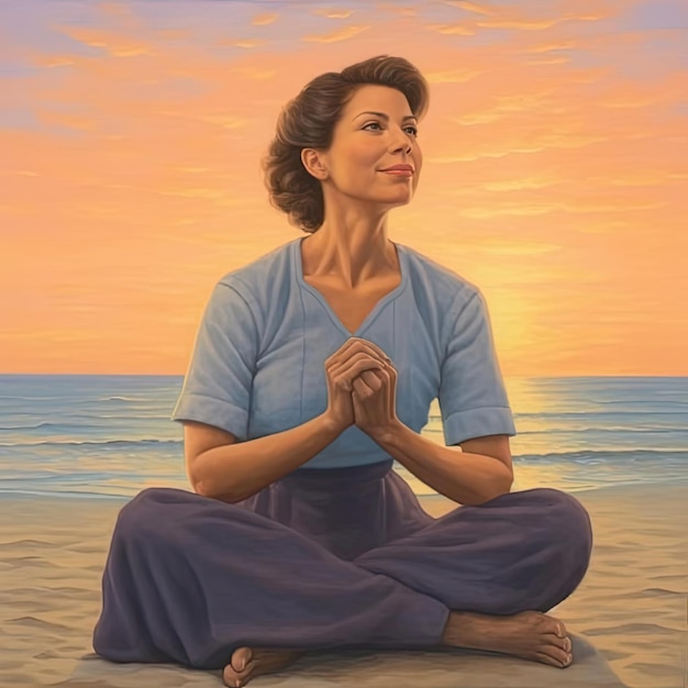 Donna che medita sulla spiaggia al tramonto 3d'illustrazione