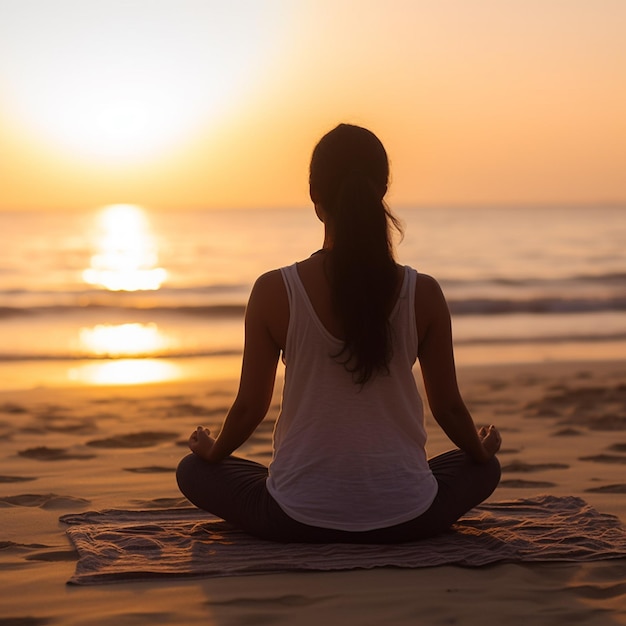 donna che medita sulla spiaggia al tramonto