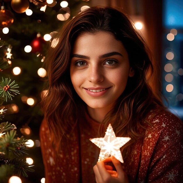 donna che mette un ornamento stellare sull'albero di Natale sorridendo