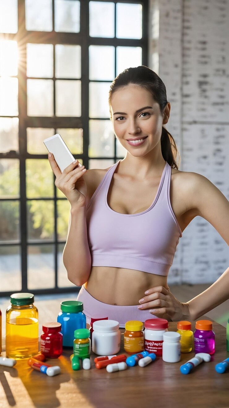 Foto donna che mostra vitamine che si prendono cura della salute