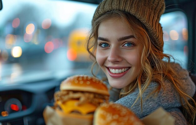 Donna che ordina da asporto da un drivethrough