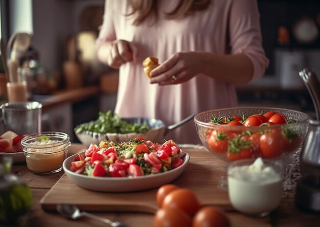 Donna che organizza il cibo per cucinare in cucinaAI Generative