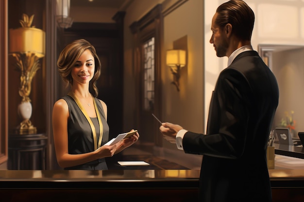 donna che parla con una receptionist dell'hotel nella hall