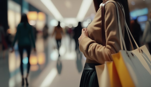 Donna che passeggia lungo la strada con le borse della spesa nella mano del primo piano Ai generativo