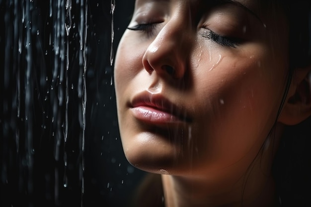 Donna che piange sotto la pioggia con gocce d'acqua sul viso
