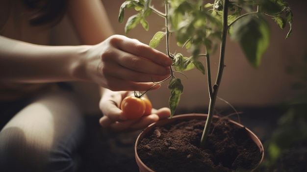 Donna che pianta pomodoro Illustrazione AI GenerativexA