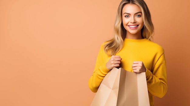 Donna che porta la borsa della spesa dopo essere andata a fare la spesa sullo sfondo arancione generato dall'AI