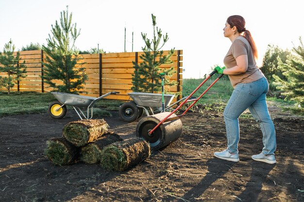 Donna che posa la zolla per il nuovo concetto di posa del tappeto erboso del prato inglese