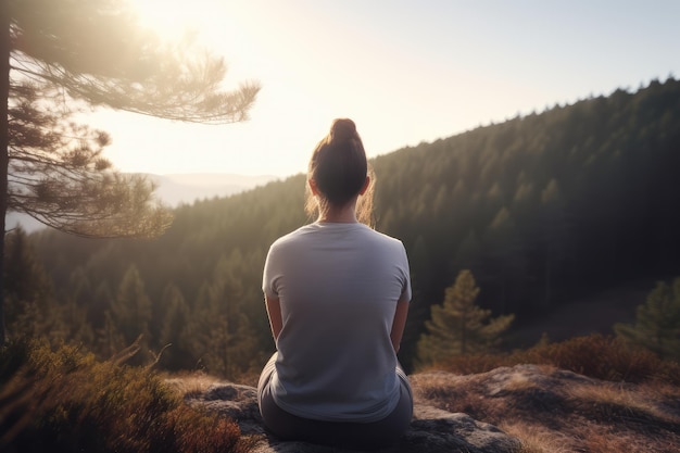 Donna che pratica la meditazione consapevole in una natura serena IA generativa