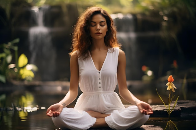 Donna che pratica la meditazione di consapevolezza in un ambiente naturale sereno per la salute mentale e selfc