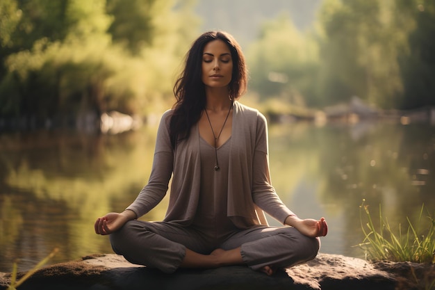 Donna che pratica la meditazione di consapevolezza in un ambiente naturale sereno per la salute mentale e selfc