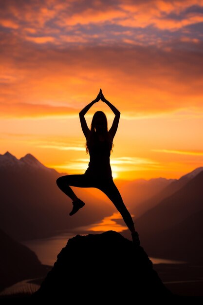 Donna che pratica lo yoga in cima a una montagna al tramonto