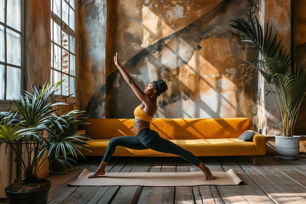 Donna che pratica lo yoga in un interno di casa rustica