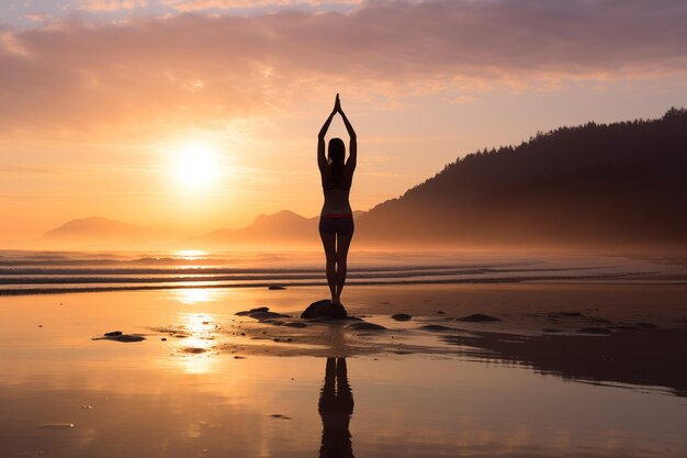Donna che pratica yoga su una spiaggia tranquilla all'alba AI generativa