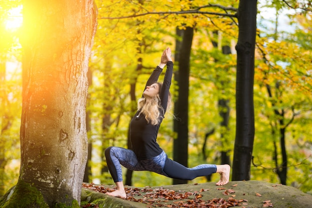 donna che pratica yoga sul grande masso