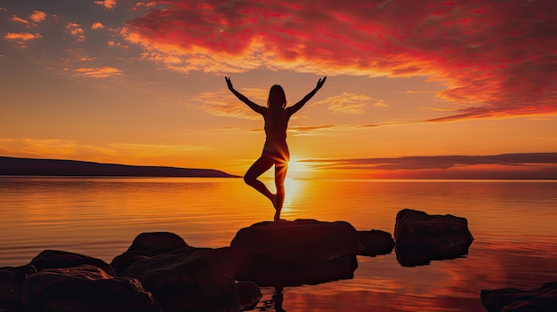 Donna che pratica yoga sul lungomare