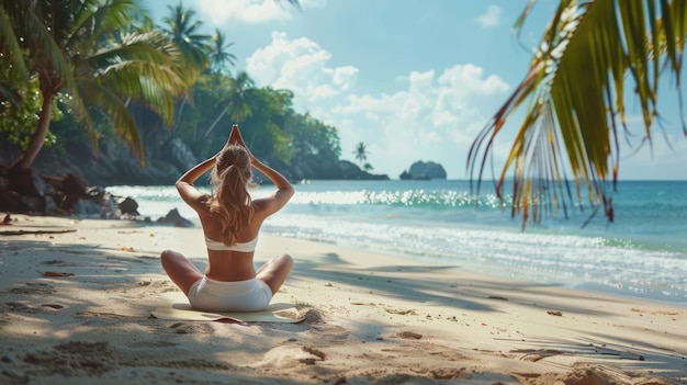 donna che pratica yoga sulla spiaggia